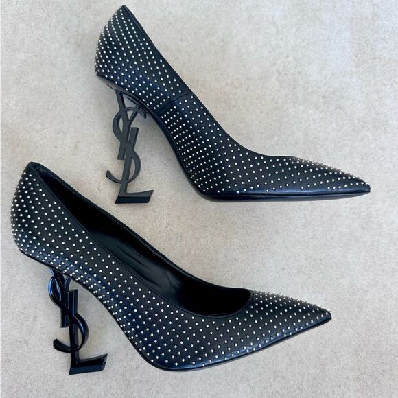 Saint Laurent Opyum 110 YSL Pumps Leather Studded Black High Heels EU 38 US 8 - Picture 9 of 11